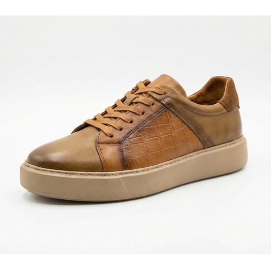 Sneakers Camel Cuir Croco - Chaussures Homme Casual Chic
