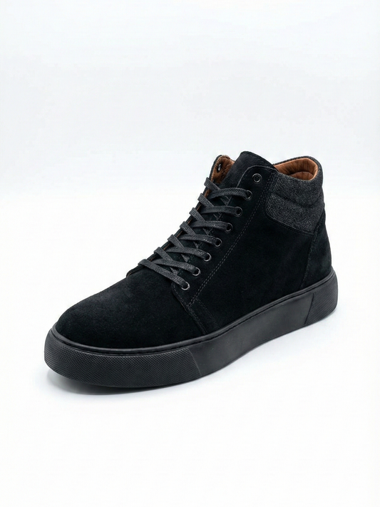 Black suede high-top sneaker on a white background